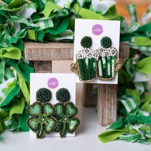 St. Patrick's Day Beaded Earrings, Shamrock, Clover, Beer Mug, Green Beer, Green